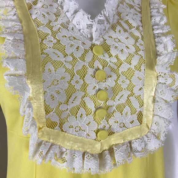 Vintage 60s 70s Yellow Mod Maxi Dress Lace Prairie Babydoll M Medium Polyester - Picture 6 of 10